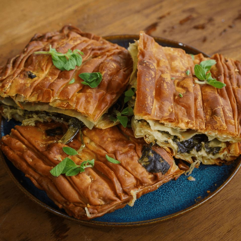 Golden-brown Greek spanakopita slices with spinach filling and fresh herbs on a blue plate.